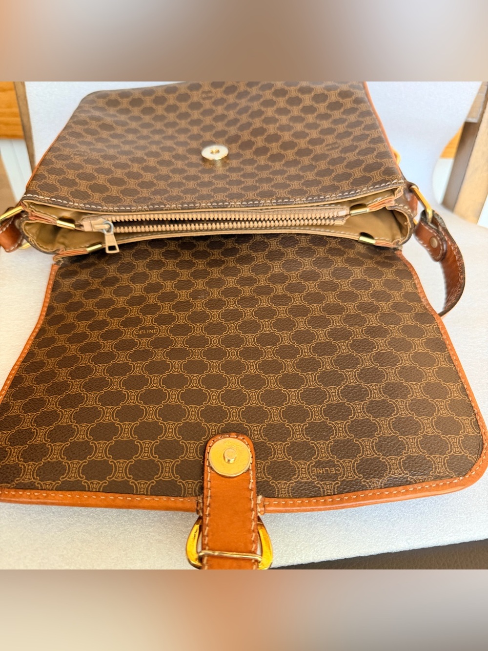 Celine Brown Macadam Print Crossbody with Tan Leather Trim and Gold Hardware - Picture 8 of 13